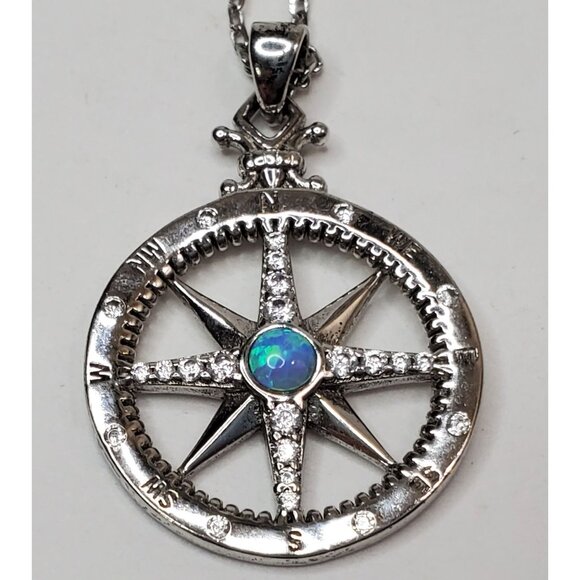 Sterling Silver Simulated Opal Cubic Zirconia CZ Compass Necklace 18 in. - Picture 2 of 5